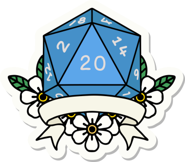 Bir insan tarafından çizilmiş 20 kritik vuruşluk D20 zar etiketi.