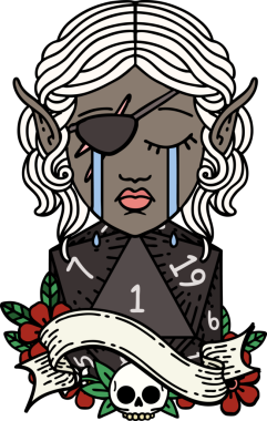 Retro Dövme Tarzı Hüzünlü elf karakteri yüzü ve bir insan tarafından çizilmiş bir d20 rulosu.