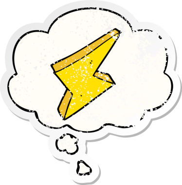 Düşünce baloncuklu karikatür yıldırımı bir insan tarafından çizilmiş yıpranmış bir çıkartma gibi.