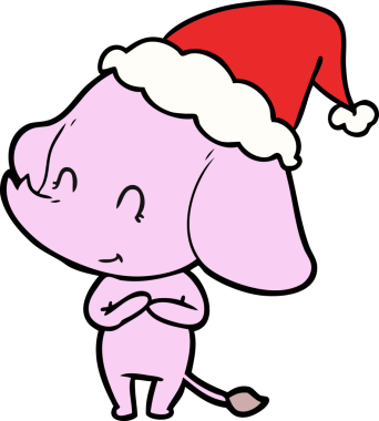 Bir insan tarafından çizilmiş Noel Baba şapkası takan bir fil çizilmiş.