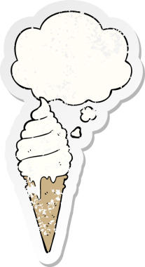 Düşünce baloncuklu çizgi film dondurması insan tarafından çizilmiş yıpranmış bir çıkartma gibi.