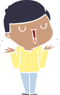 Düz renkli çizgi film. Mutlu çocuk. Bir insan tarafından çizilmiş tasasız.