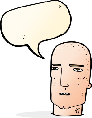 Bir insan tarafından çizilmiş konuşma balonu olan kel, sert adam.