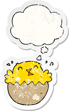 Düşünce baloncuğu ile yumurtadan çıkan karikatür bir insan tarafından çizilmiş yıpranmış bir çıkartma.