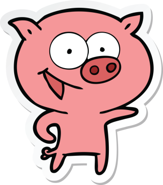 Bir insan tarafından çizilmiş neşeli bir domuz çizgi filminin çıkartması.