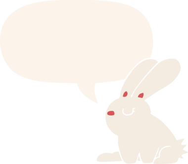 Konuşma baloncuklu çizgi film tavşanı insan tarafından çizilmiş.