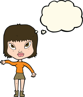 Bir insan tarafından çizilen düşünce baloncuğuyla jest yapan çizgi film kadını.