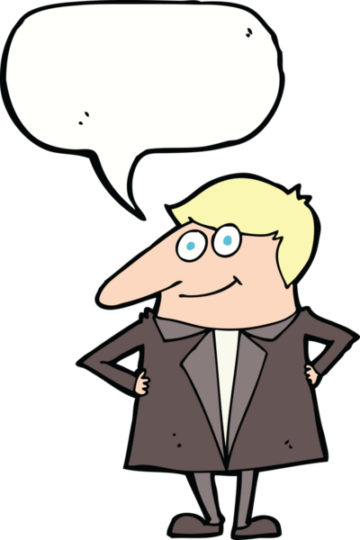 Bir insan tarafından çizilmiş konuşma balonu olan takım elbiseli mutlu bir adam.