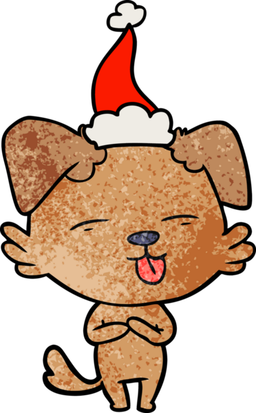 Bir insan tarafından çizilmiş Noel Baba şapkası giymiş bir köpeğin el çizimi karikatürü.