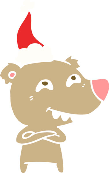 Bir insan tarafından çizilmiş Noel Baba şapkası takan bir ayının düz renk çizimi.