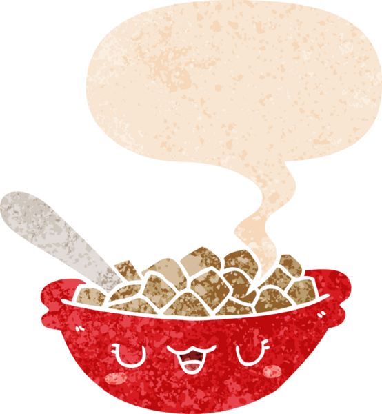 Tatlı bir mısır gevreği kasesi, konuşma baloncuğu, grunge 'da sıkıntılı retro desenli bir insan çizimi.