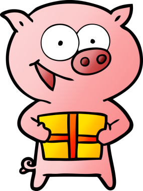 Bir insan tarafından çizilmiş Noel hediyeli neşeli bir domuz.