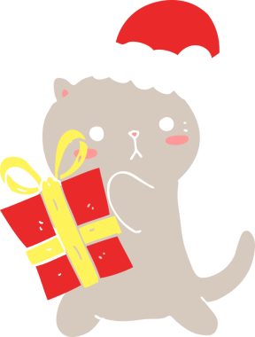 Sevimli düz renkli çizgi film kedisi bir insan tarafından çizilmiş Noel hediyesini taşıyor.