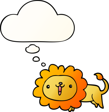 Bir insan tarafından çizilmiş yumuşak eğimli düşünce baloncuğu olan sevimli çizgi film aslanı.