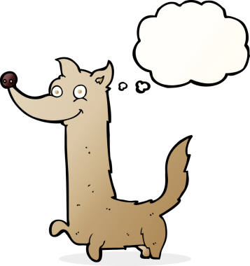 Bir insan tarafından çizilmiş düşünce balonlu mutlu bir köpek.