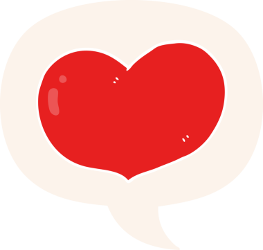 Bir insan tarafından çizilmiş eski tarz bir konuşma baloncuğu olan karikatür aşk kalbi.