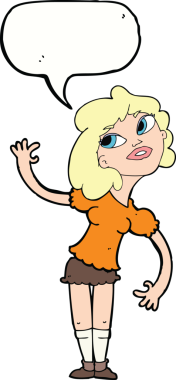 Bir insan tarafından çizilmiş bir konuşma balonuyla el sallayan çizgi film kadını.