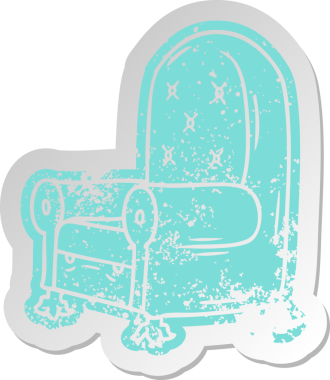 Bir insan tarafından çizilmiş mavi bir koltuğun eski bir karikatür çıkartması.