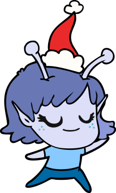 Gülümseyen uzaylı kız bir insan tarafından çizilmiş Noel Baba şapkası çiziyor.