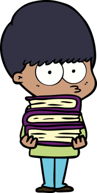 Bir insan tarafından çizilmiş kitapları taşıyan sinirli çizgi film çocuğu.