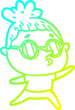 Bir insan tarafından çizilmiş gözlük takan çizgi film kadını çizimi.