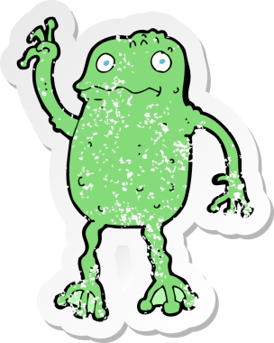 Bir insan tarafından çizilmiş karikatür kurbağasının gerilemiş çıkartması.