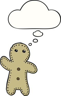 Bir insan tarafından çizilmiş düşünce balonlu zencefilli kurabiye adam.