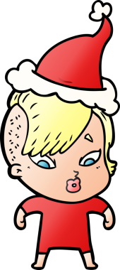 Bir insan tarafından çizilmiş Noel Baba şapkası giymiş şaşırmış bir kızın el çizimi karikatürü.