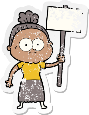 Bir insan tarafından çizilmiş mutlu, yaşlı bir kadının sıkıntılı çıkartması.