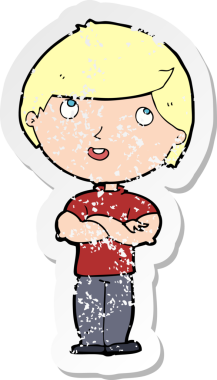 Bir insan tarafından katlanmış kollu mutlu bir adamın karikatür yapıştırması.