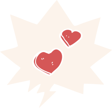 Bir insan tarafından çizilmiş eski tarz konuşma baloncuklu karikatür aşk kalpleri.