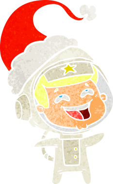 Bir insan tarafından çizilmiş Noel Baba şapkası giymiş gülen bir astronotun el çizimi.