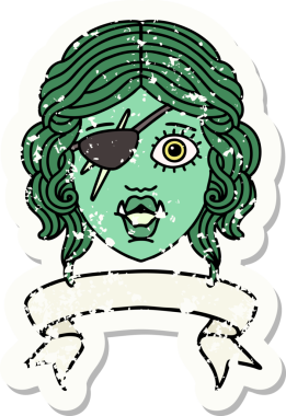 Retro Dövme Biçimli Ork karakter yüzü Bir insan tarafından çizilmiş pankartıyla