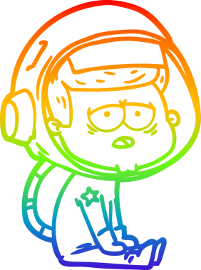 Gökkuşağı gradyan çizgi çizimi bir insan tarafından çizilmiş yorgun astronot