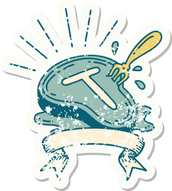 Bir insan tarafından çizilmiş eski bir dövme stili biftek ve çatal.