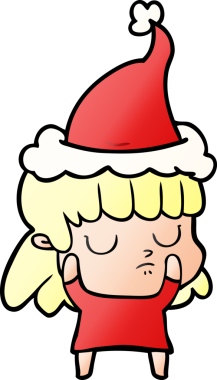 Bir insan tarafından çizilmiş Noel Baba şapkası giyen kayıtsız bir kadının el çizimi karikatürü.