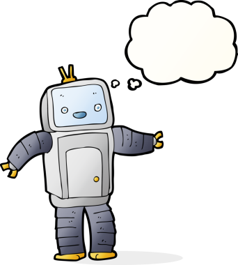 Bir insan tarafından çizilmiş düşünce baloncuklu çizgi film robotu