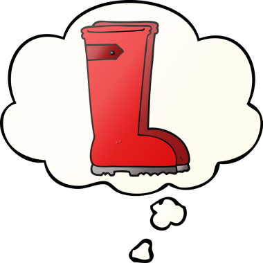 Çizmeli Wellington çizmeleri. Düşünce baloncuğu insan tarafından çizilmiş.