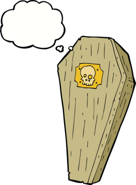 Bir insan tarafından çizilmiş düşünce baloncuklu ürkütücü karikatür tabut.