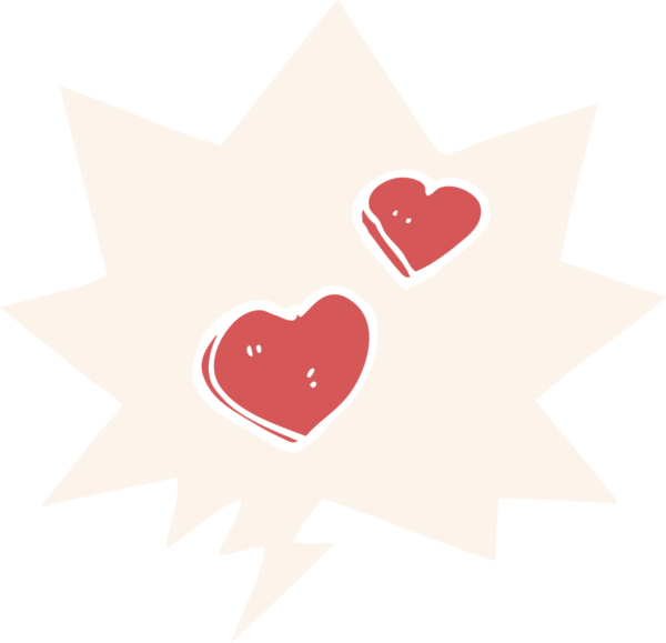 Bir insan tarafından çizilmiş eski tarz konuşma baloncuklu karikatür aşk kalpleri.