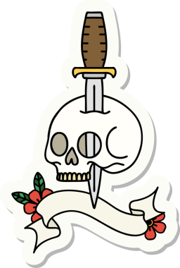 Bir insan tarafından çizilmiş kafatasının pankartıyla dövme stili etiketi