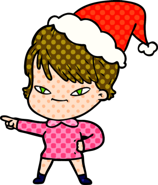 Bir insan tarafından çizilmiş Noel Baba şapkası giyen mutlu bir kadının el çizimi çizgi roman tarzı çizimi.