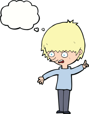 Bir insan tarafından çizilmiş düşünce baloncuğuyla soru soran çizgi film çocuğu.