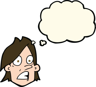 Bir insan tarafından çizilmiş düşünce baloncuklu karikatür korkmuş yüzü.