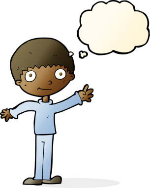 Bir insan tarafından çizilmiş düşünce baloncuğu olan mutlu, el sallayan çocuk.