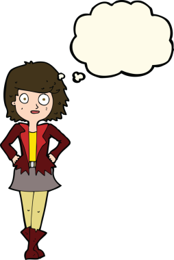 Bir insan tarafından çizilmiş düşünce balonlu ceketli kız.