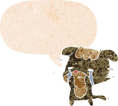 çizgi film üzgün köpek konuşma baloncuğu ile grunge sıkıntılı retro dokuma bir insan tarafından çizilmiş