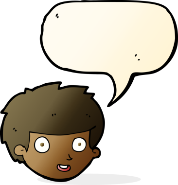 Bir insan tarafından çizilmiş konuşma balonlu mutlu çocuk yüzü.