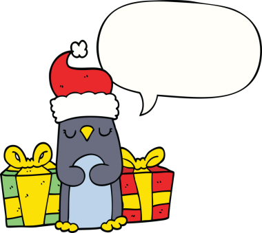 Bir insan tarafından çizilmiş konuşma balonu olan sevimli bir Noel pengueni.