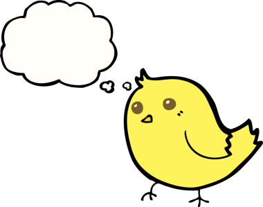 Bir insan tarafından çizilmiş düşünce baloncuklu çizgi film kuşu.